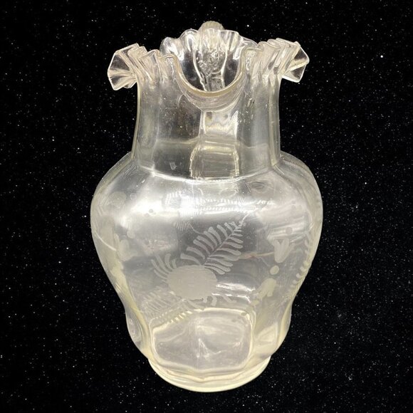 Art Glass Etched Ruffled Edge Applied Handle Pitcher Hand Blown 9”T 6.5”W - Picture 4 of 8